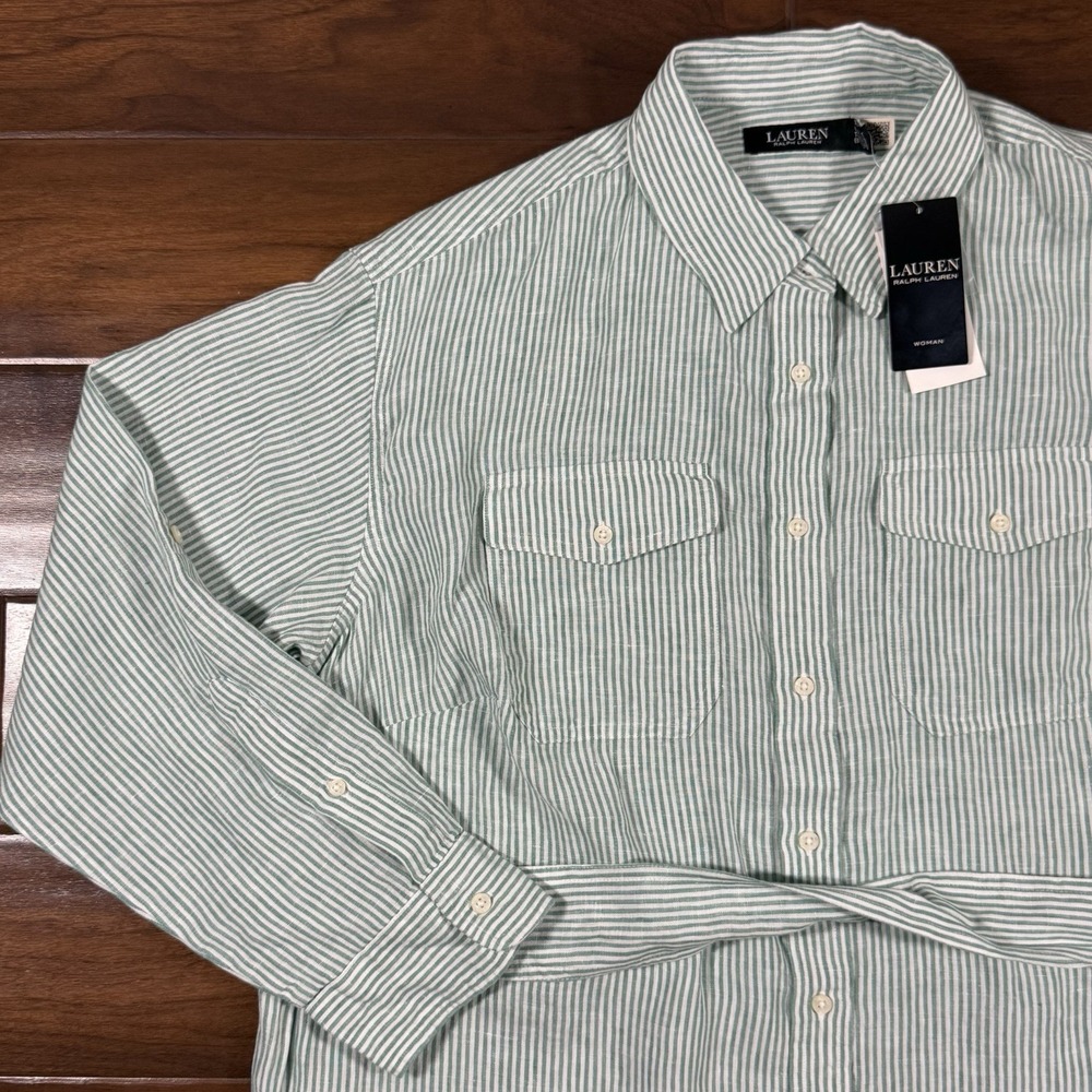 Lauren Ralph Lauren Women's Size 1X Green White Striped Belted Linen Shirt Top - Picture 2 of 10